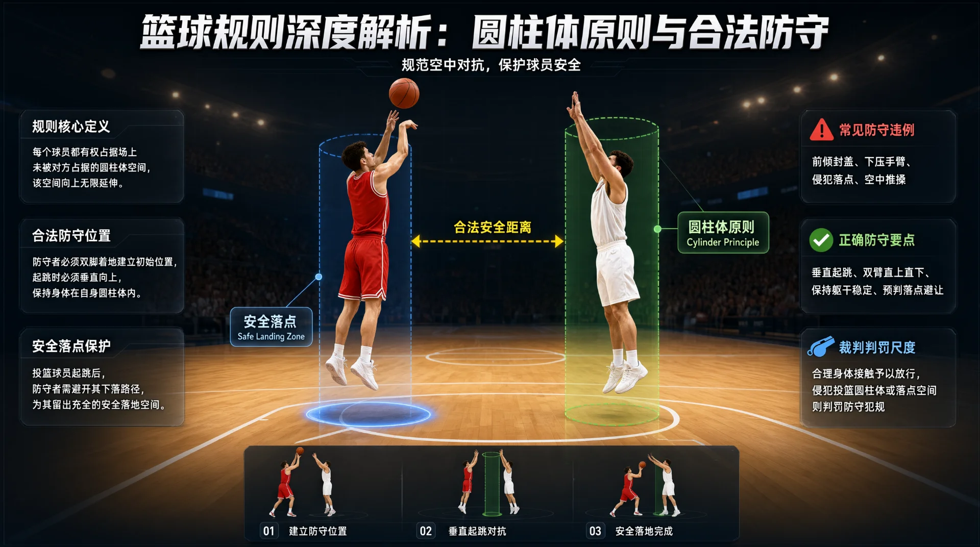 红衣球员跳起投篮，白衣球员垂直起跳封盖并保持距离；射手脚下蓝色圆圈标出安全落点，防守者周围绿色圆柱体示意圆柱体原则，箭头标注合法安全距离，底部有三步分解图。