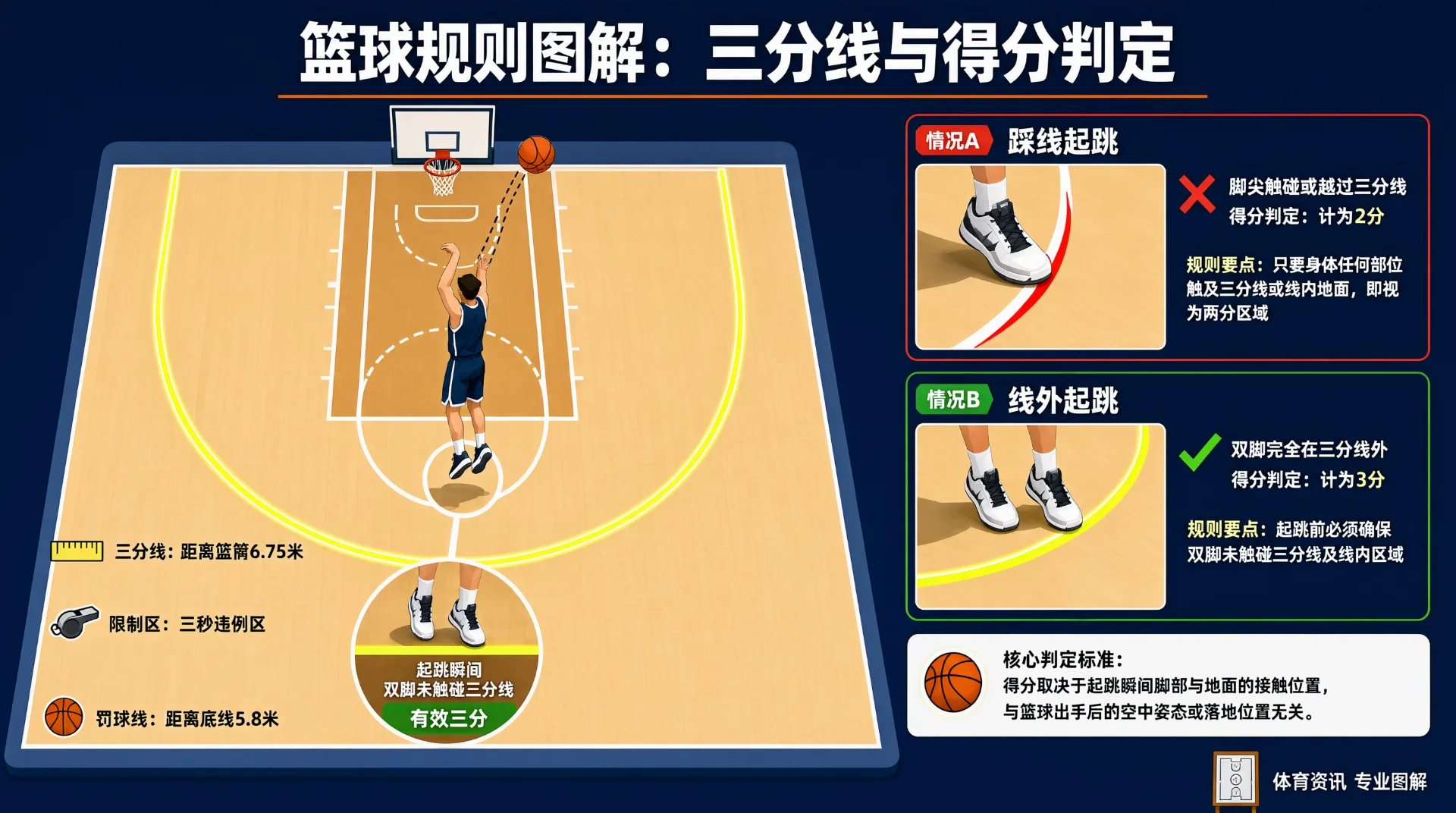 篮球半场俯视图：三分线黄色高亮，球员在弧顶起跳投篮，脚下放大标注双脚未触线为有效三分；右侧脚部小图对比踩线起跳判两分与线外起跳判三分，旁附三分线距离图例。